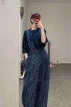 AVIVA JIFEI XUE Blue Striped Panel Wide Leg Pants S22-CWLP